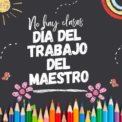 pizarra negra rodeada de dibujos coloridos y una fila de lápices de colores en la parte inferior con las palabras, día de trabajo sin clases para los maestros